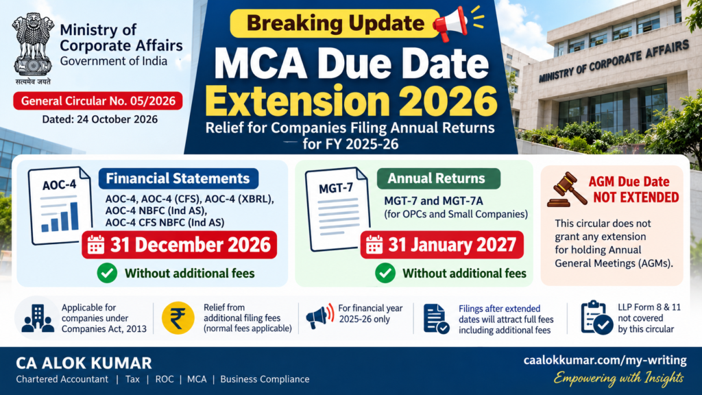MCA Due Date Extension 2026 for AOC-4 and MGT-7 annual filing FY 2025-26